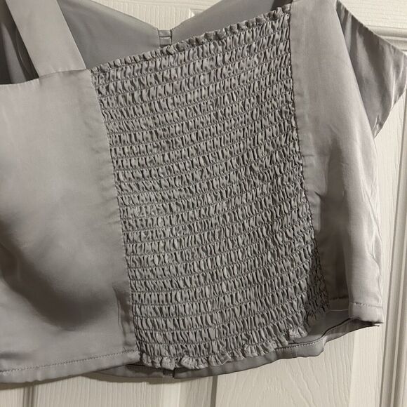 Good American Tank Top Silver Blue Double Bar Satin Cut Out Crop Smocked Medium - Picture 10 of 10